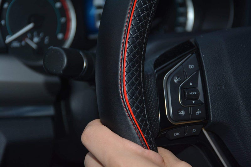 Rueesh Microfiber Leather Car Steering Wheel Cover  Soft Padding  Durable  No Smell  Universal 15 Inch Steering Cover  Anti-Slip Embossing Pattern A  Black with Red Line - Image 4